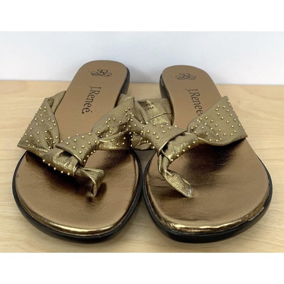 J. RENEE Gold Leather Studded Flat Flip Flop Thong Sandals Size 7 W - Picture 2 of 9
